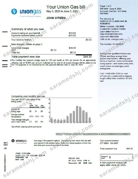 Canada Union Gas utility bill template in Word and PDF formats